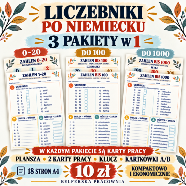 🔢 LICZEBNIKI PO NIEMIECKU – 3 PAKIETY W 1! 🇩🇪 ZAHLEN