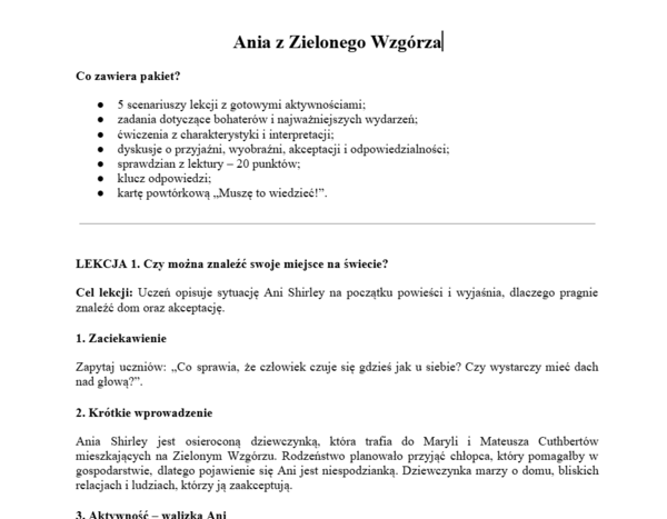 Ania z Zielonego Wzgórza- pakiet do pracy z lekturą