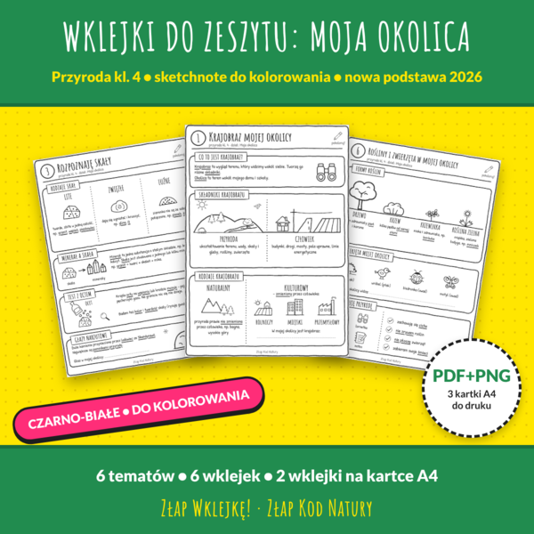 Wklejki do zeszytu „Moja okolica” – przyroda kl. 4 | sketchnote do kolorowania | nowa podstawa 2026 | PDF i PNG