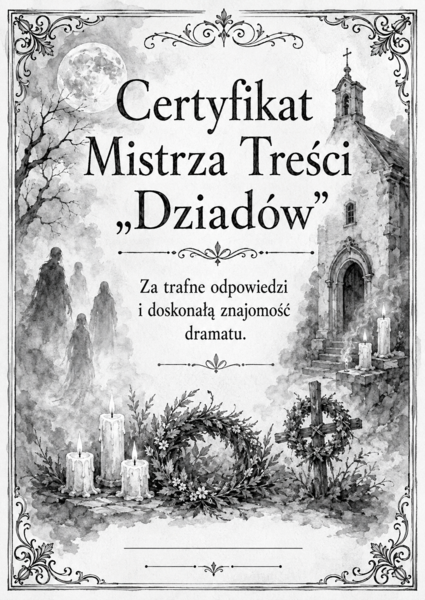 Certyfikaty/ dyplomy dla uczniów za udział w narodowym czytaniu Dziadów różne kategorie zestaw czarno-biały