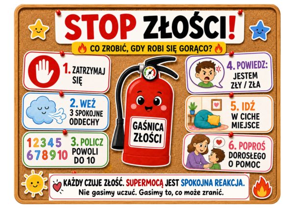 STOP ZŁOŚCI! – „Gaśnica złości” | gazetka o emocjach dla przedszkola i klas 1–3