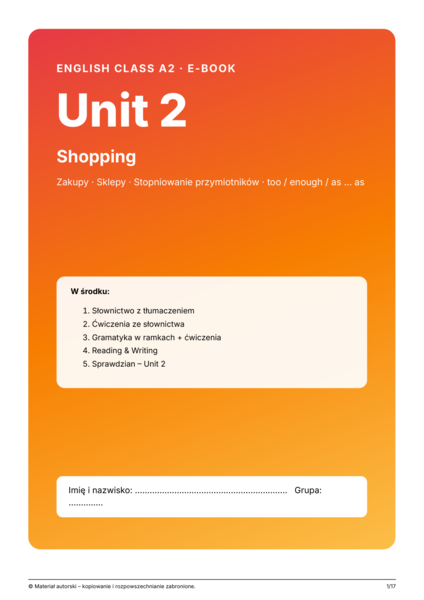 English Class A2 – Unit 2 Shopping | klasa 6 | e-book 17 stron + klucz