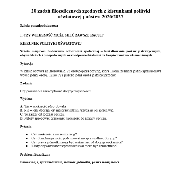 20 zadań filozoficznych zgodnych z kierunkami polityki oświatowej państwa 2026/2027