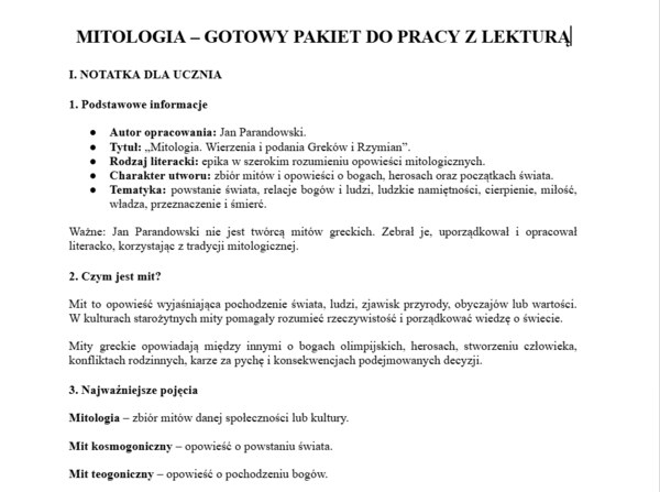 Mitologia Parandowskiego- gotowy pakiet do pracy z lekturą