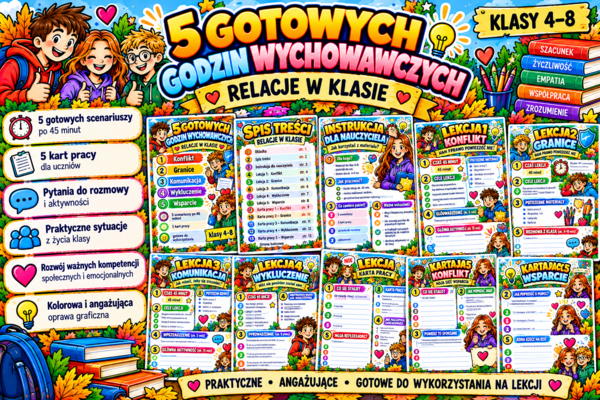 5 GOTOWYCH GODZIN WYCHOWAWCZYCH – RELACJE W KLASIE | Konflikt, granice, komunikacja, wykluczenie i wsparcie | klasy 4–8 | PDF A4