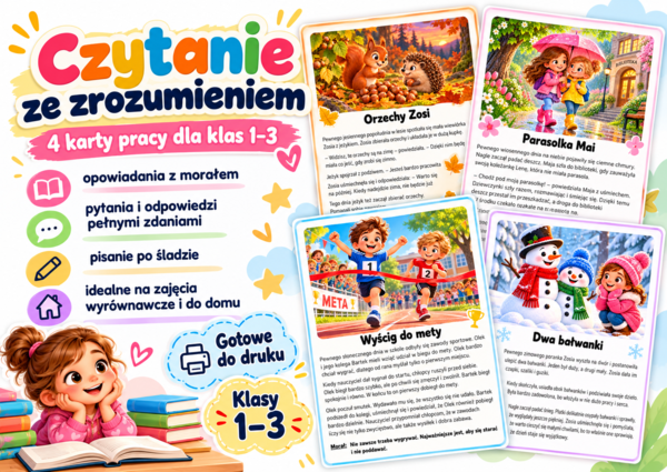 Czytanie ze zrozumieniem – 4 opowiadania z morałem, pytania i odpowiedzi pełnymi zdaniami | Klasy 1–3