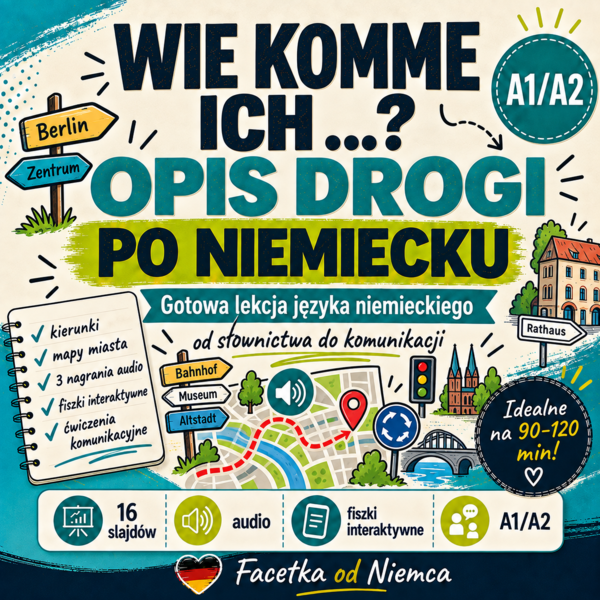 Wie komme ich …? – opis drogi po niemiecku | gotowa lekcja A1/A2 do 120 min