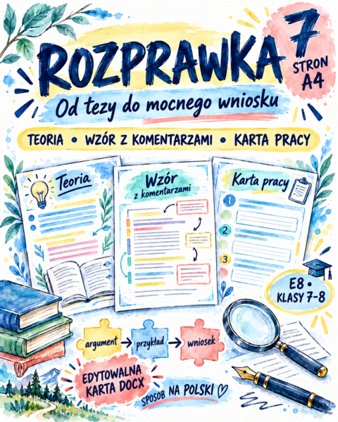 ROZPRAWKA BEZ TAJEMNIC – teoria, wzór z komentarzami i edytowalna karta pracy | E8