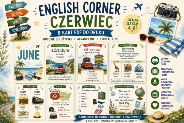 English Corner – CZERWIEC | Zestaw wymiennych kart do gazetki szkolnej | Dekoracja pracowni języka angielskiego PDF