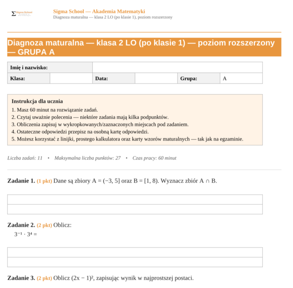 Diagnoza z matematyki – klasa 2 LO (poziom rozszerzony)