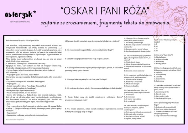 "Oskar i pani Róża" - czytanie ze zrozumieniem + fragmenty tekstu do omówienia