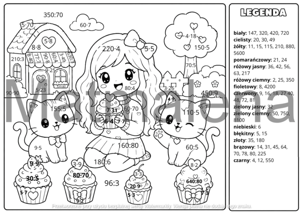 Kolorowanka mnożenie i dzielenie GWO Matematyka Klasa 4-8 Kawaii