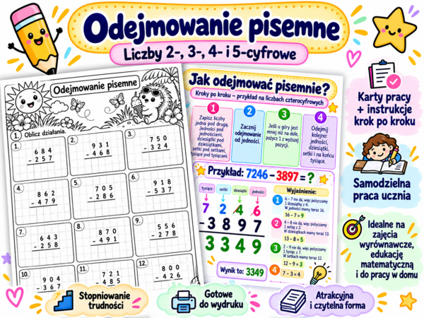 Odejmowanie pisemne – od podstaw| 8 Kart pracy + 4 instrukcje krok po kroku