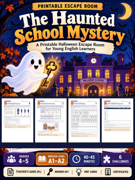 The Haunted School Mystery – Halloween Escape Room po angielsku dla klas 4–5 (A1–A2) | PDF do druku