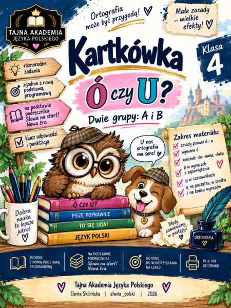 Kartkówka „Ó czy U?” | Klasa 4 | 2 grupy A i B | Tajna Akademia Języka Polskiego | PDF