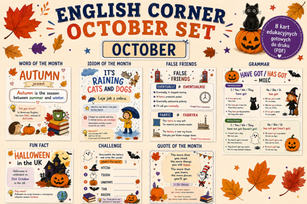 English Corner – PAŹDZIERNIK | gazetka szkolna do pracowni języka angielskiego | zestaw wymiennych kart A4