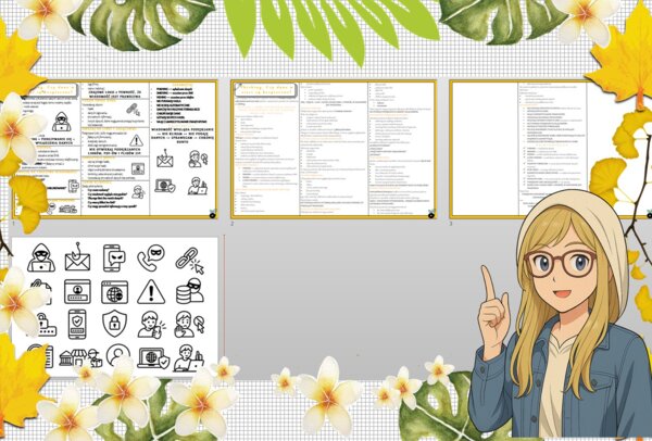 Sketchnotka/notatka dla ucznia i osobna notatka jako przypomnienie dla nauczyciela w pdf. Temat "Phishing. Czy dane w sieci są bezpieczne?". Edukacja zdrowotna. Klasa 4.