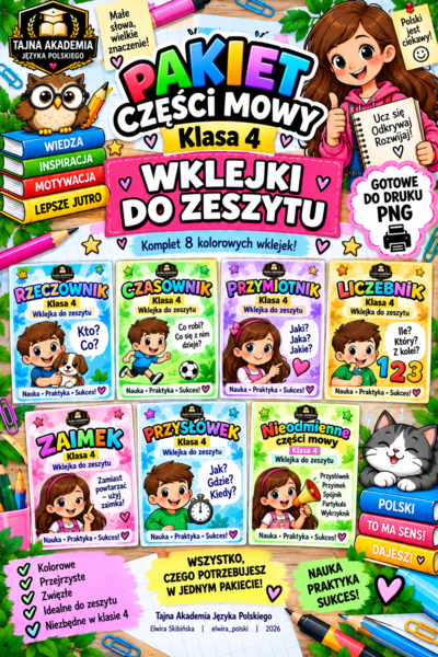 Pakiet części mowy – 8 wklejek do zeszytu | Klasa 4 | Tajna Akademia Języka Polskiego | PNG