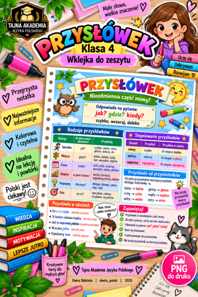 Przysłówek – wklejka do zeszytu | Klasa 4 | Tajna Akademia Języka Polskiego | PNG