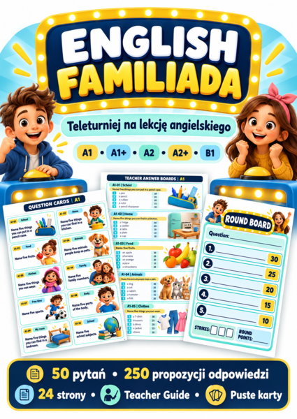 GRA English Familiada – teleturniej językowy A1–B1 | 50 pytań, 5 poziomów, 24 strony