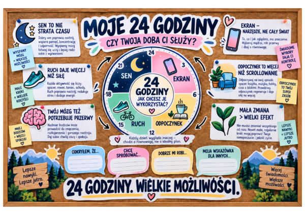 MOJE 24 GODZINY – PROJEKT EDUKACYJNY do edukacji zdrowotnej | sen, ekran, ruch, odpoczynek + gazetka | 63 strony