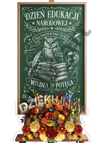 Wielki Plakat XXL na Dzień Edukacji Narodowej (36 stron A4) – Tablica Kredowa z Sową i Kwiatami (Dziękujemy / Wiedza to potęga)