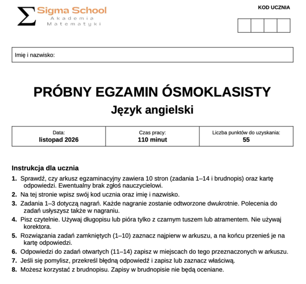 Próbny Egzamin Ósmoklasisty z Języka Angielskiego Nr 1 (Listopad 2026) | Arkusze i Nagrania