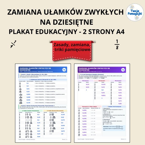 Zamiana Ułamków Zwykłych na Dziesiętne + Zasady+ Triki Pamięciowe. Plakat edukacyjny A4, klasy 5-8 i lieceum/technikum