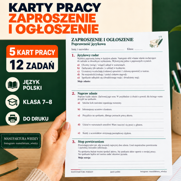 Zaproszenie i ogłoszenie – karty pracy dla nauczyciela | klasy 7–8 | egzamin ósmoklasisty