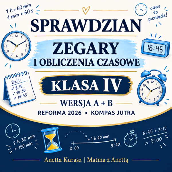 Sprawdzian dla klasy IV - Zegary i obliczenia czasowe - grupa A i B + klucz odpowiedzi