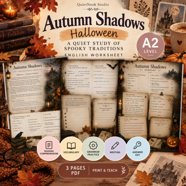 Halloween dla dorosłych A2 – czytanie ze zrozumieniem, słownictwo i gramatyka | Autumn Shadows
