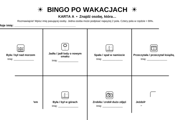 Integracyjne bingo po wakacjach - Znajdź osobę, która...