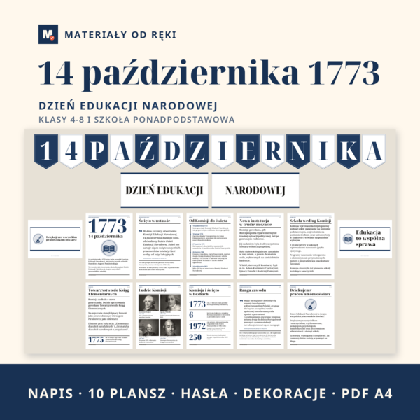 Gazetka na Dzień Edukacji Narodowej 14 października: napis, 10 plansz o Komisji Edukacji Narodowej z osią czasu, portretami i cytatami z Karty Nauczyciela, klasy 4-8 i szkoła ponadpodstawowa