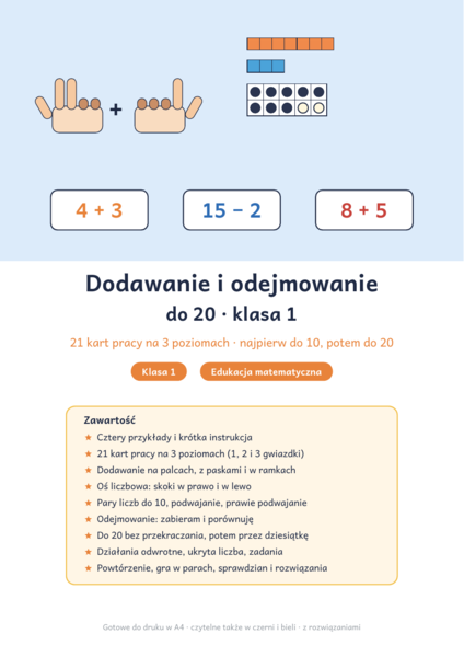 Dodawanie i odejmowanie do 20 klasa 1: karty pracy na 3 poziomach
