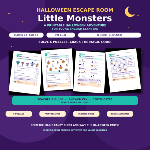 Halloween Escape Room: Little Monsters – gra edukacyjna PDF do nauki angielskiego dla klas 1–3