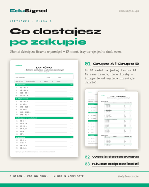 Ułamki dziesiętne — kartkówka z działań pamięciowych, klasa 6 (2 grupy + wersja dostosowana + klucz)