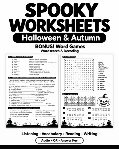 SPOOKY WORKSHEETS: Halloween & Autumn | listening, reading, vocabulary, use of English | Klasy 6–8 | Audio QR + klucz odpowiedzi!