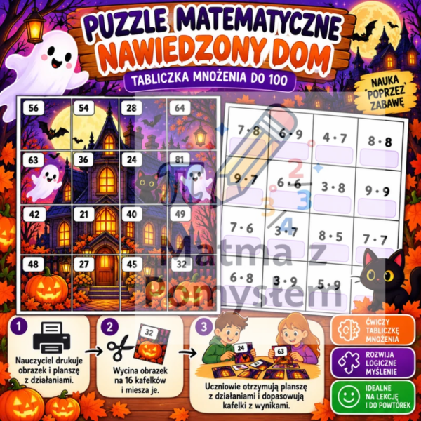 Puzzle matematyczne Halloween – Nawiedzony dom | Tabliczka mnożenia do 100 | Klasa 4 | PDF