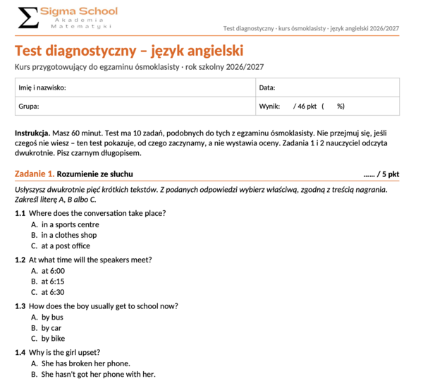 Test Diagnostyczny Ósmoklasisty z Języka Angielskiego 2026/2027 | Arkusze i Nagrania