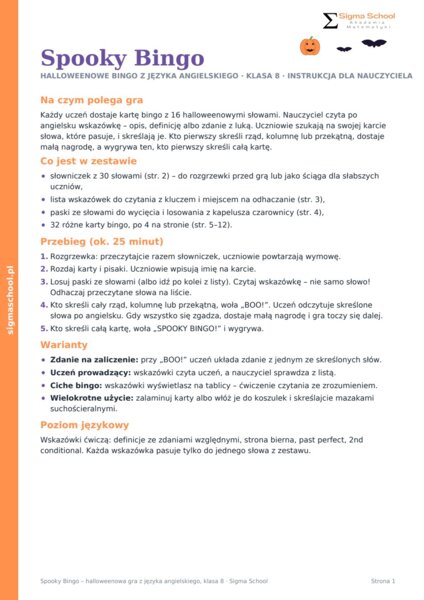 Halloween – Spooky Bingo – język angielski, klasa 8