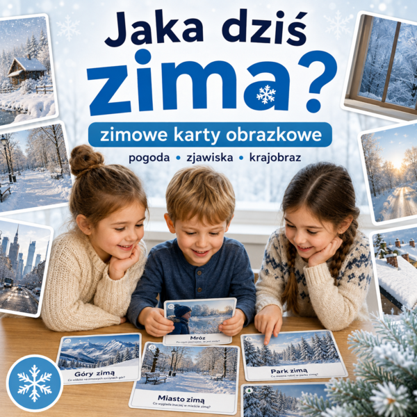 Jaka dziś zima? — 24 zimowe karty obrazkowe pogody i krajobrazu