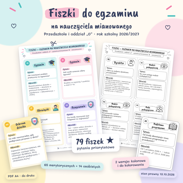 Egzamin na nauczyciela mianowanego 2026/2027 – 79 fiszki kolorowe i czarnobiałe