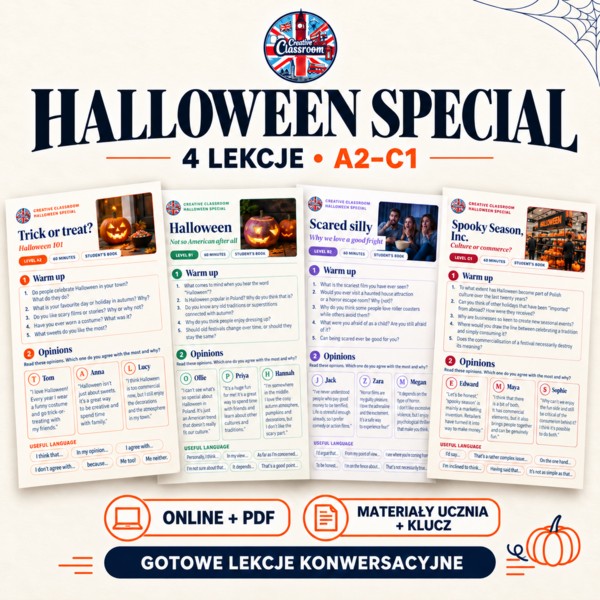 HALLOWEEN SPECIAL 🎃 4 gotowe lekcje angielskiego A2–C1 | Online + PDF