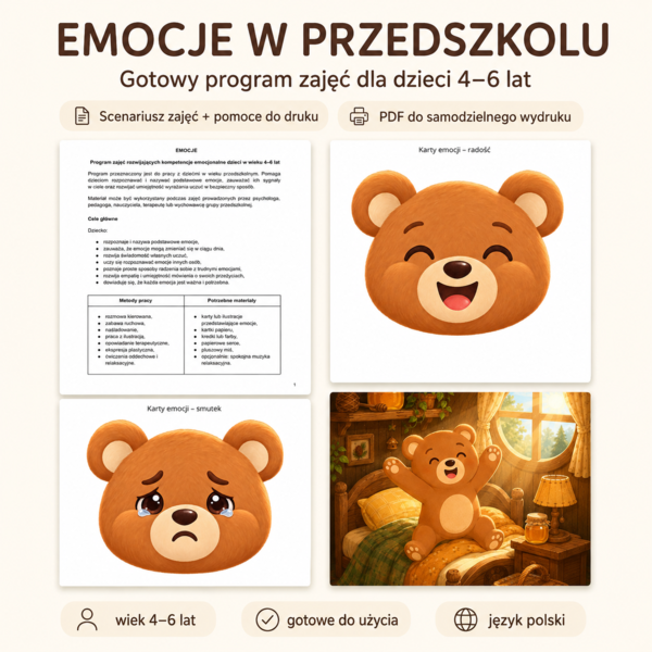 Emocje w przedszkolu – scenariusz zajęć + karty emocji i bajka | 4–6 lat