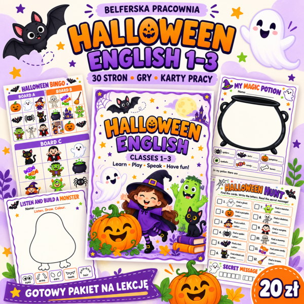 🎃 HALLOWEEN ENGLISH 1–3 🎃 Gotowy pakiet na wyjątkową lekcję języka angielskiego!