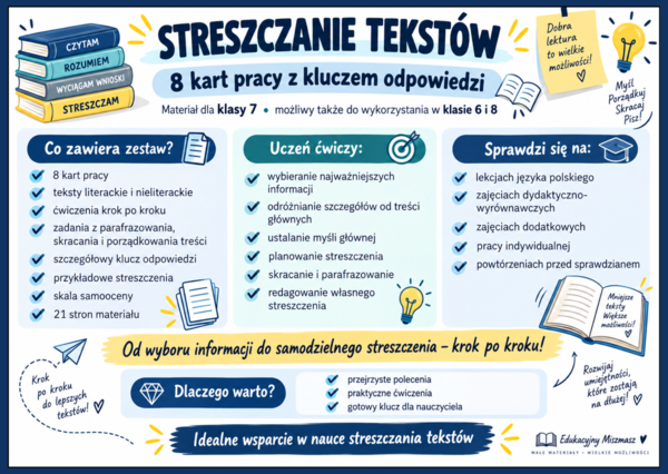 Streszczanie tekstów – STRESZCZENIE - 8 kart pracy z kluczem odpowiedzi