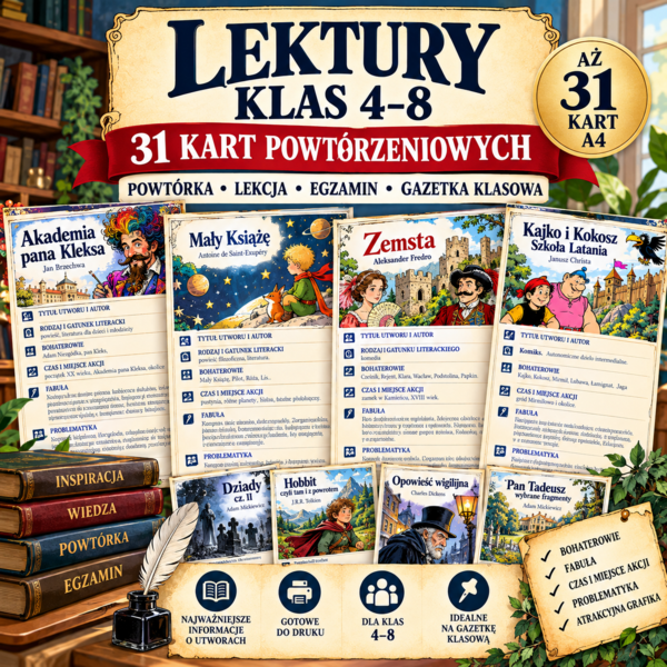 Lektury klas 4-8. 31 kart do szybkiego powtórzenia.