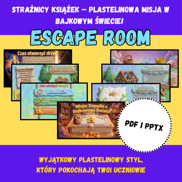 Escape Room Bajki – Plastelinowa Misja w Bibliotece (PDF + PPTX) | Dzień Książki & Postaci z Bajek