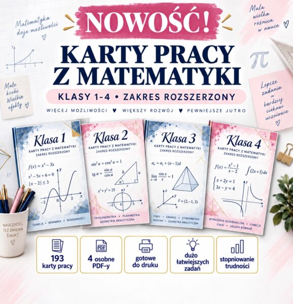 📚 NOWOŚĆ | KOMPLET KART PRACY Z MATEMATYKI KLASY 1–4 •  LICEUM / TECHNIKUM