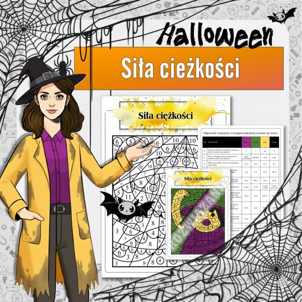 Siła ciężkości - Karta pracy, Kolorowanka naukowa | Fizyka klasa 7 | Halloween
